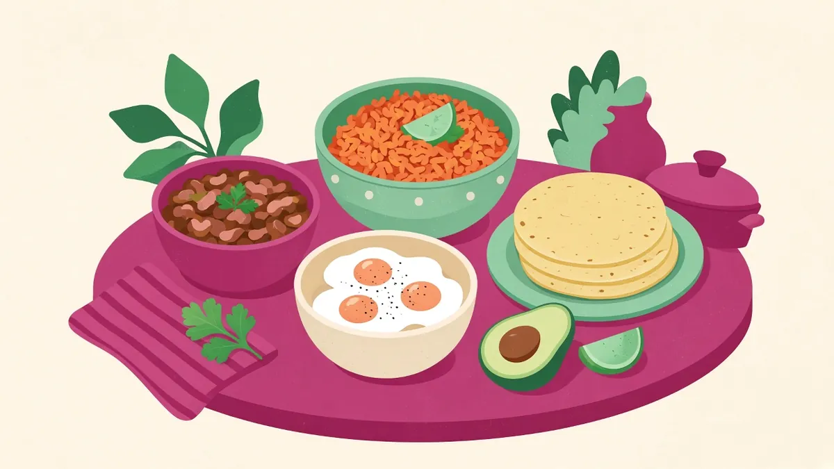 Mesa con frijoles, arroz, huevo, aguacate y tortillas.