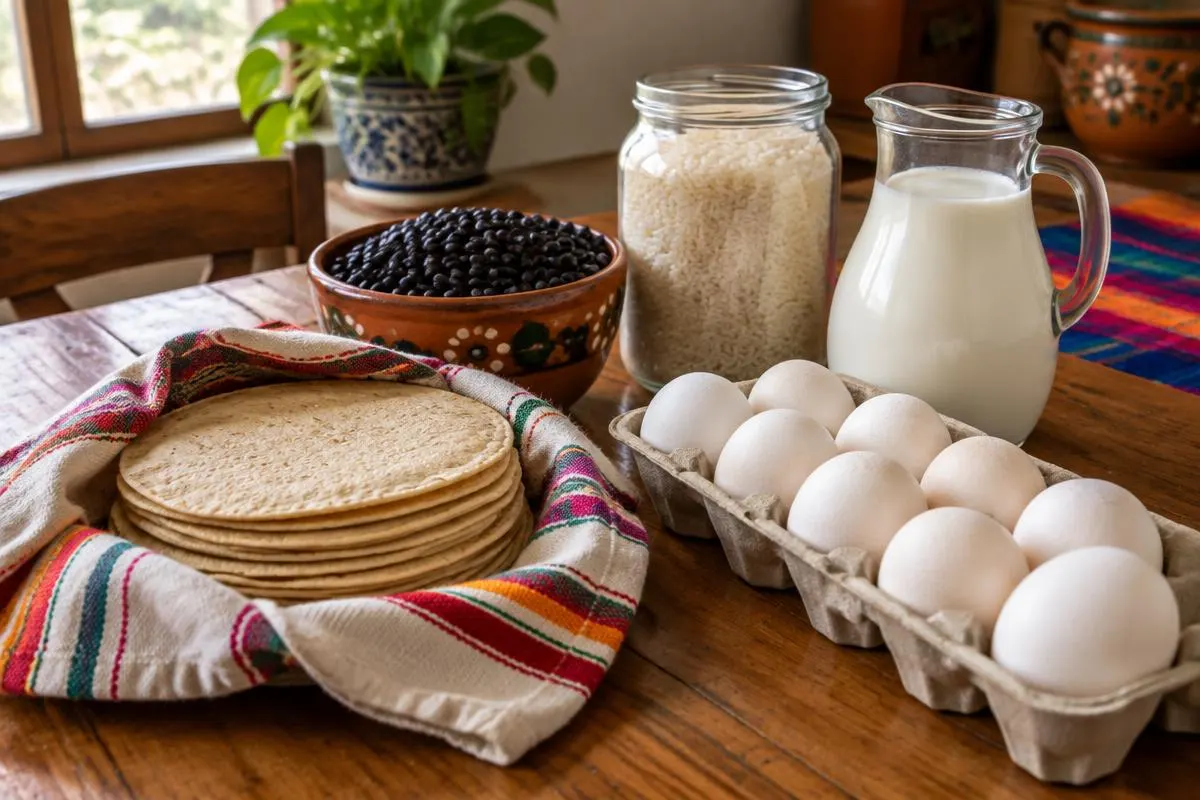 Tortillas, huevo, frijol, arroz y leche en una mesa de cocina