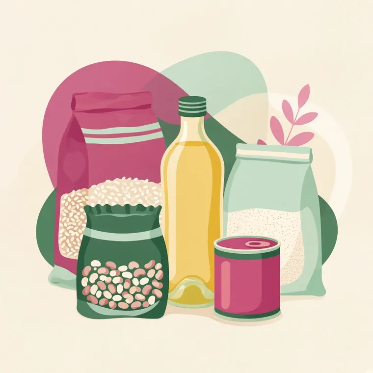Despensa básica: arroz, frijol, aceite y lata.