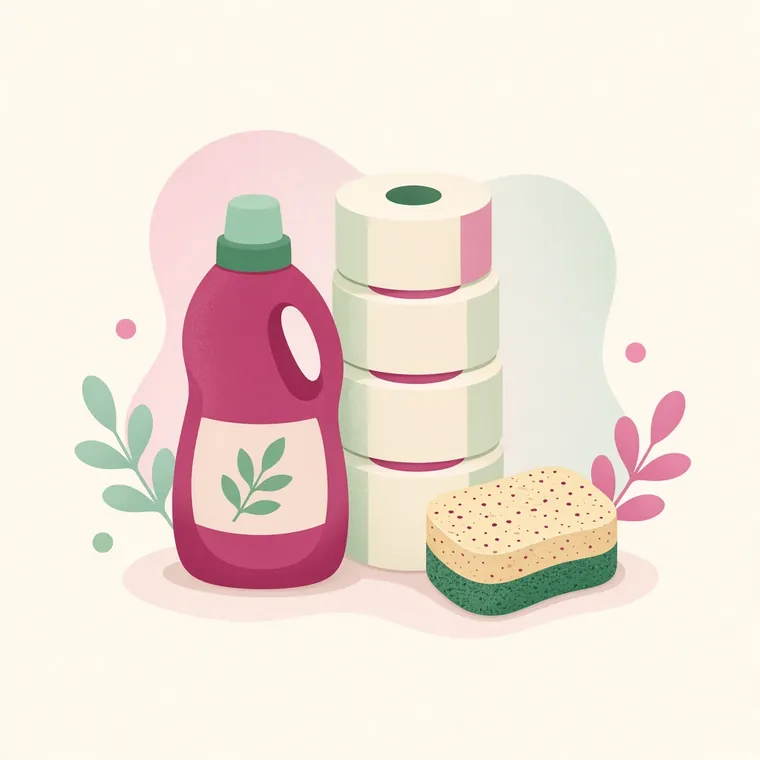 Hogar: detergente, papel higiénico y esponja.