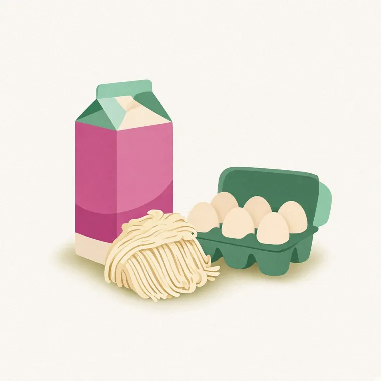 Lácteos: cartón de leche, queso y huevo.