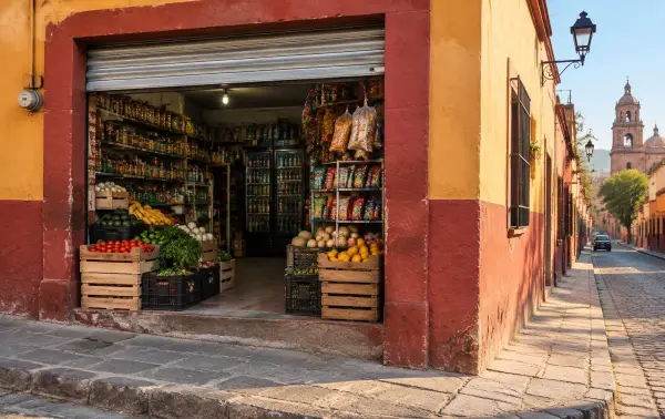 Fachada de tienda de barrio con toldo y cajas de fruta