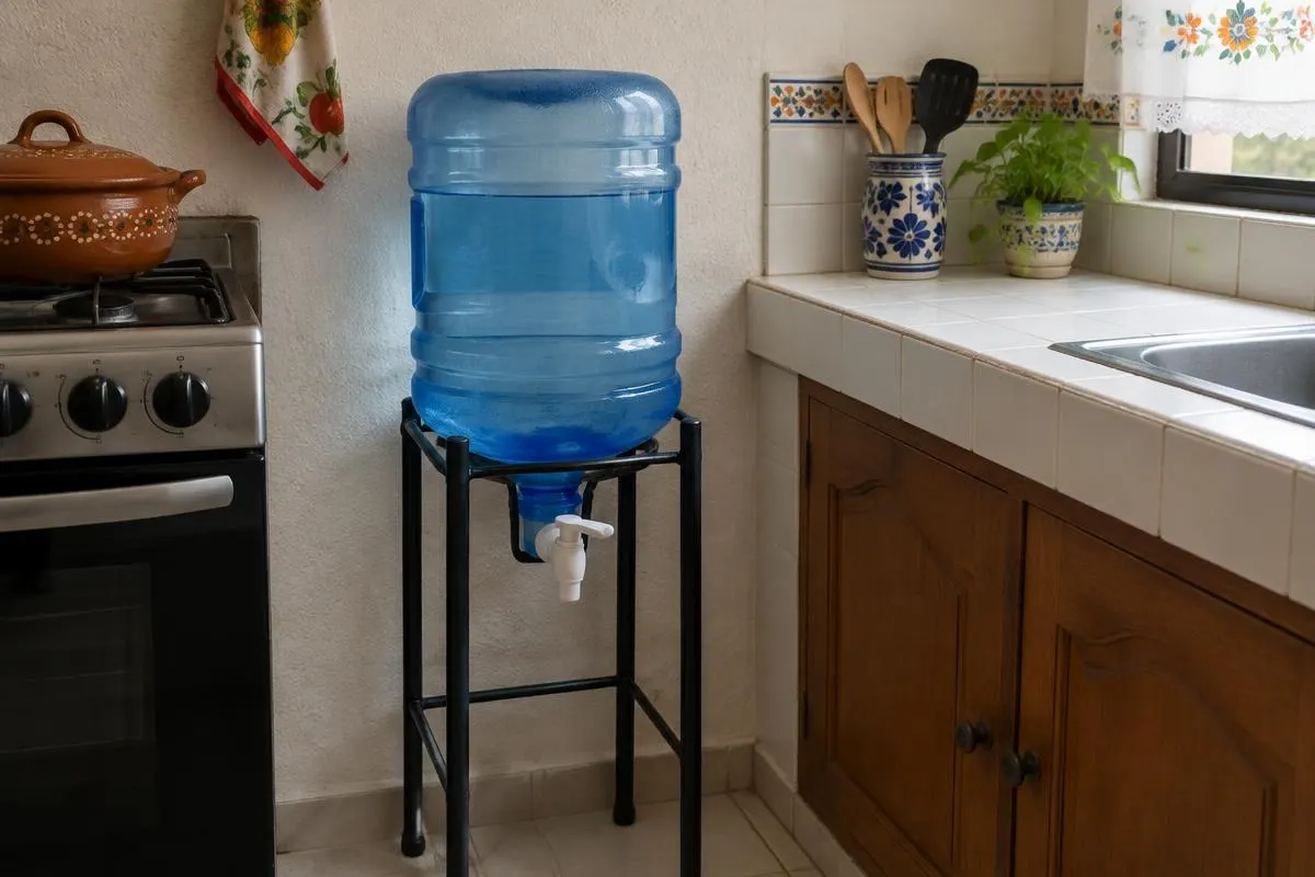 Garrafón de agua de 20 litros sobre una base metálica en una cocina