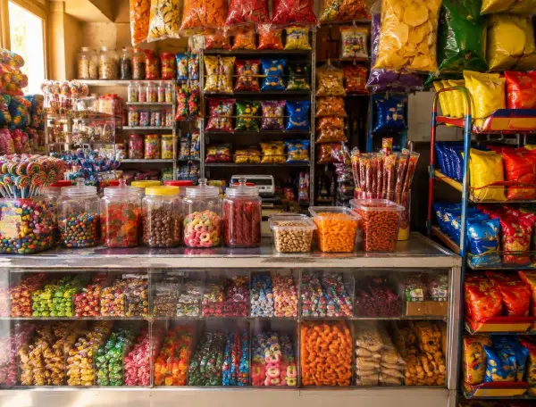 Mostrador con dulces y botanas